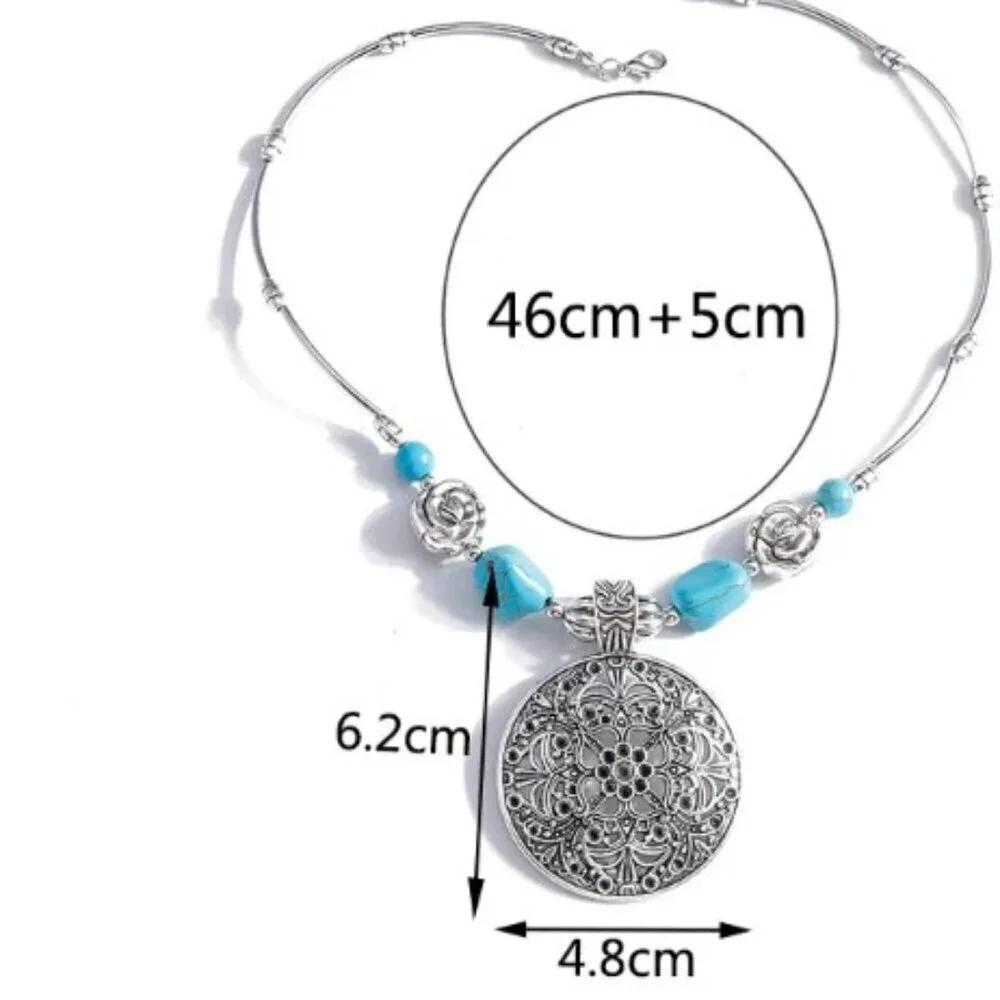 Retro Ethnic Style Hidden Silver Design Hollow Carved Turquoise Necklace